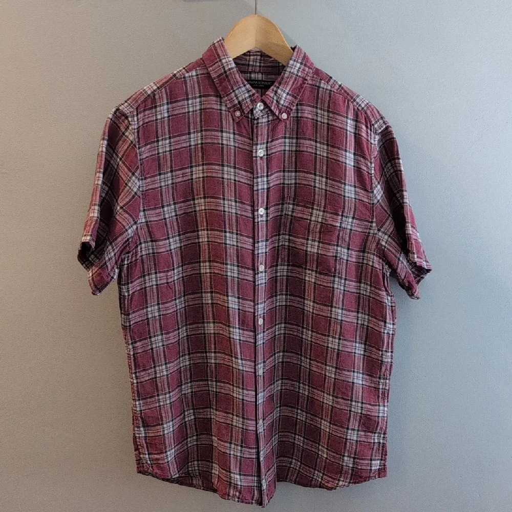 Banana Republic Men's Medium Linen Camden Standard Fit Short Sleeve Plaid Shirt
